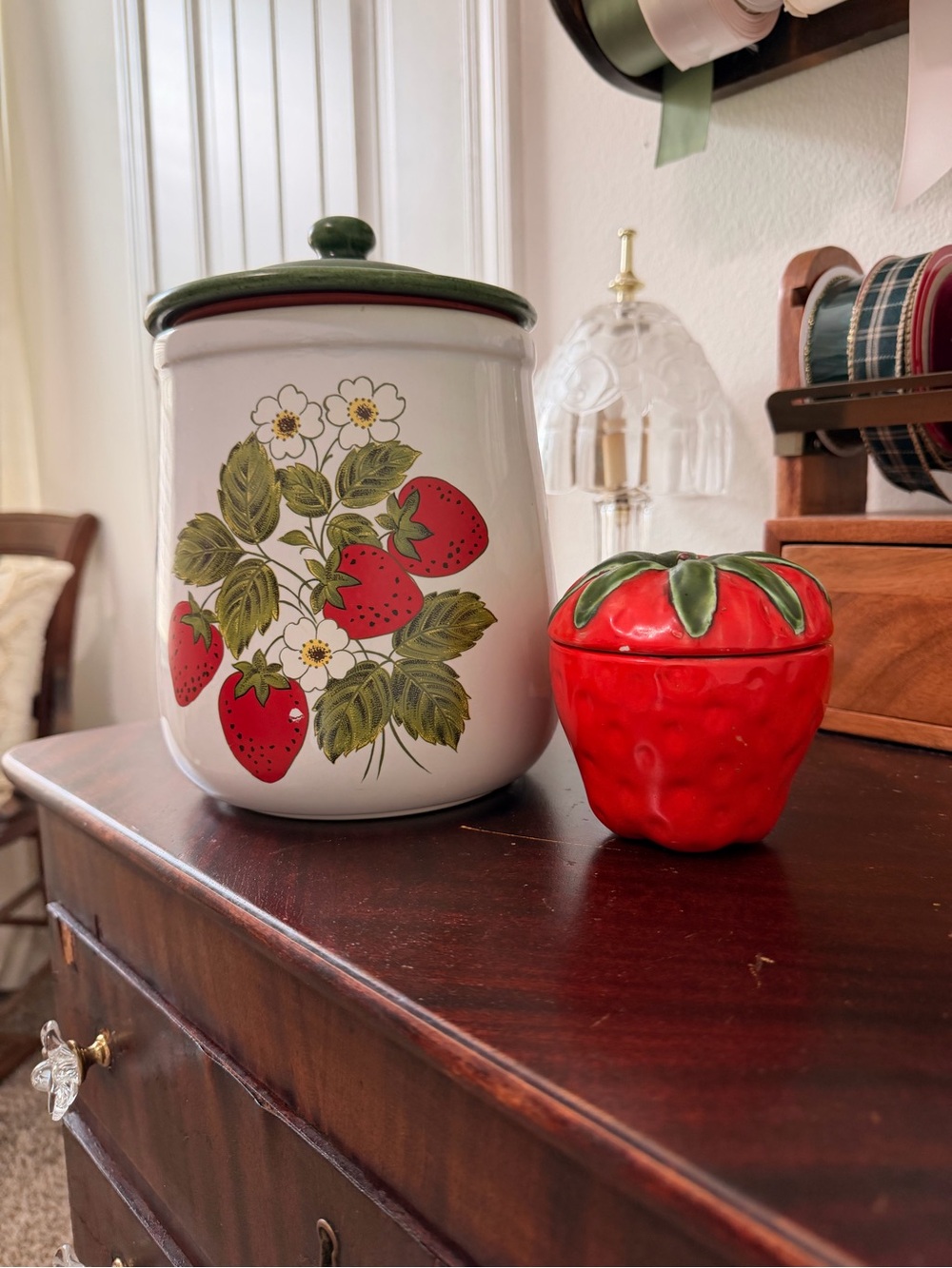 Vintage White and Red Strawberry Canister Set